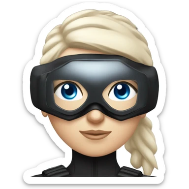 white girl, blue eyes, buzzcut hair, all black ninja outfit, drone goggles on top of head not covering eyes sticker