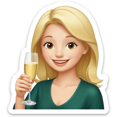 A shy young woman gently takes her first small sip of champagne, smiling with excitement. sticker
