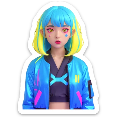 Cyberpunk Japanese girl with neon blue wig, holographic jacket, digital glitches effect, dark background with purple neon glow sticker