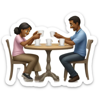 An emoji of a family—mother, father, and child—sitting at a table, playing a cup game with paper cups arranged on the table as they have fun together sticker