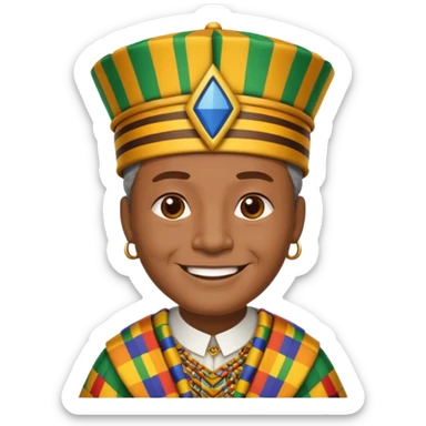 Create an emoji of an old African king wearing kente cloth and white shirt with an african kufi hat sticker