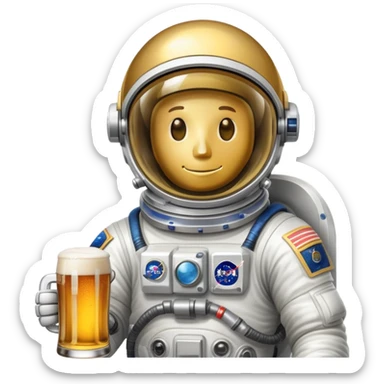 a full astronaut space suit with a pint of delicious beer inside it instead of a human, the glass of beer visible through the helmet sticker