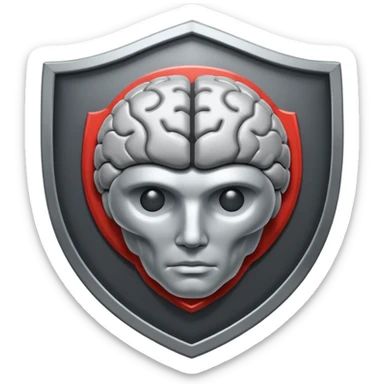 Minimal flat icon of a shield combined with a human brain, symbolizing self-control and mental discipline. Monochrome, premium style, high contrast, no text, dark theme friendly. sticker
