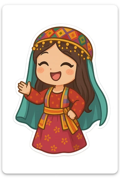 cartoon Kurdish woman wearing traditional female Kurdish clothing, colorful and cheerful, no text, suitable for WhatsApp and Instagram sticker, transparent background sticker