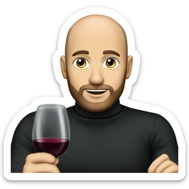 A handsome bald man with a short beard and blue eyes in a black turtleneck with a glass of wine sticker
