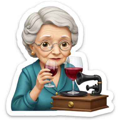 old lady with wineglass listening to gramophone sticker