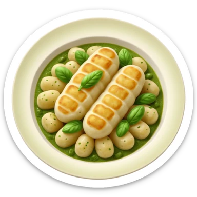 Gnocchi Cinematic Realistic Gnocchi Dish Emoji, depicted as tender oblong potato gnocchi garnished with iconic fork marks on top, rendered with soft textures and warm, inviting lighting. add green  sauce on top sticker