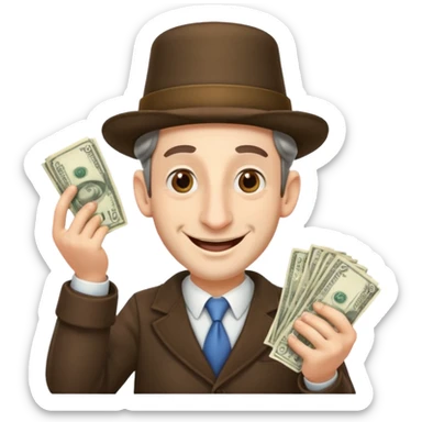 Jewish man with a big nose having his hands clenched together while smiling when he sees money , add the side curls and the funny hat , add the side curls please c sticker