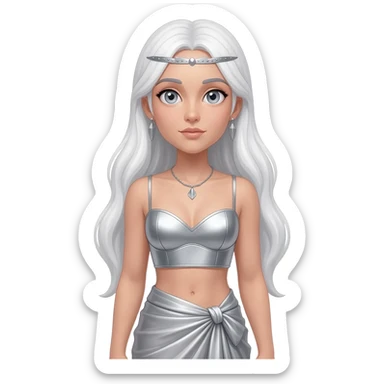 Artemis from Greek Mythology with grey eyes, long white hair, silver metallic sweetheart crop top, silver metallic wrap long skirt, silver necklace and earrings sticker