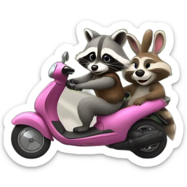raccoon giving a ride to bunny both on a scooter sticker