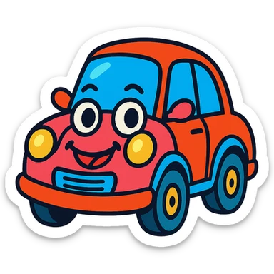 whimsical car character with a face, fun and lively, bright colors sticker