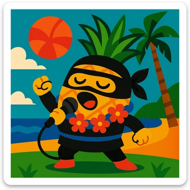 a pineapple singing in Hawaii, wearing a ninja costume, vibrant colors sticker