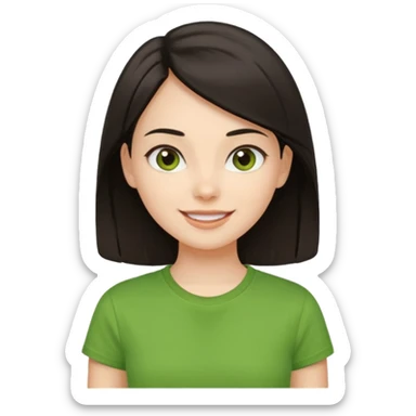 Young girl with straight, dark hair, well-groomed and pretty, wearing a green T-shirt, with a happy and lively expression. sticker