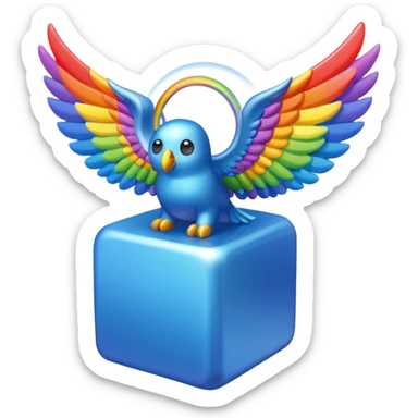 Blue cube with wings and has a rainbow ? sticker