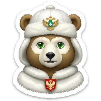 Cute stylized bear with green eyes, white fur hat with basic Russian coat of arms featuring double-headed eagle, minimalist iOS emoji style sticker