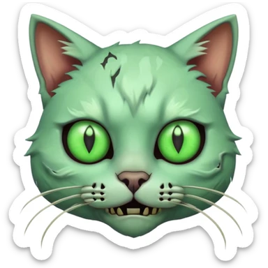 zombie cat portrait, head and shoulders only, pale fur, cracked skin patches, eerie glowing eyes, mischievous undead vibe, 3D cartoon, mobile game icon style, clean background, no text, no watermark
 sticker