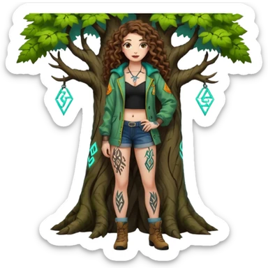 full body view of a woman with long curly brown hair, brown eyes, white skin, tattoos, leaning against a tree covered in neon runes, open forest jacket, flirty confident stance sticker