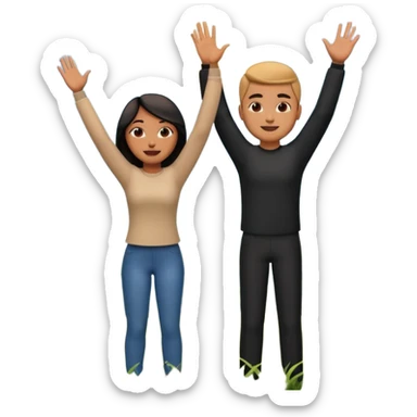 A 3D cartoon couple on top of a hill raising hands in victory, sunny sky and nature background, Memoji-style. inside photo frame. sticker