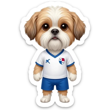 white and light brown shih zhu wearing a Panama soccer jersey v neck 2026 work cup sticker