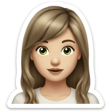 White girl with long voluminous brown hair with brown highlights balayage, green eyes and bangs sticker