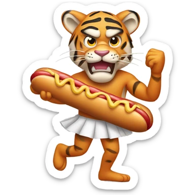 angry tiger wearing ballet slippers and holding a hot dog sticker
