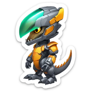 Colorful Edgy Chibi Greymon-Velociraptor-Genesect-Fakémon-Pokémon wearing a with a futuristic visor-helmet And Mecha-suit Full Body sticker