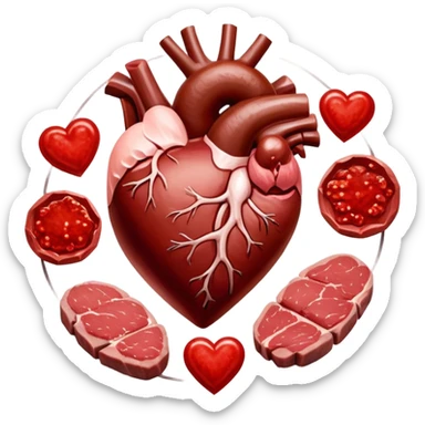 Several cuts of steak, beef, and liver arranged in a circle around a pulsing heart and bright red blood cells. Red energy flows from the meat into the blood cells, which then carry oxygen to the heart and muscles, representing iron's role in energy production. sticker