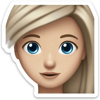 White girl with long brown hair blue eyes and a model sticker