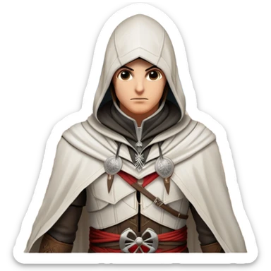 icon featuring Assasin's Creed in an iconic assassin's hood, standing tall against the backdrop of Florence. The design captures the essence of adventure, with intricate details of historical architecture and a sense of mystery. The character is poised, ready for action. transparent background. sticker