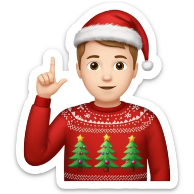 A guy pointing up with one hand and he has a christmas sweater sticker