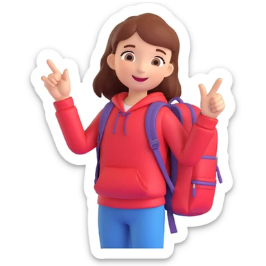 young girl with red backpack, left hand pointing up to the left, emoji style, cheerful expression sticker
