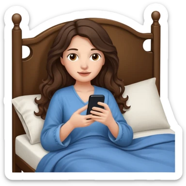 Brunette woman long wavy hair in bed with one hand holding her phone and the other hand under the covers sticker