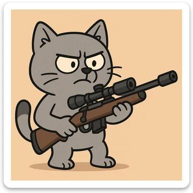 cartoonish small grey cat holding a sniper rifle, playful style sticker