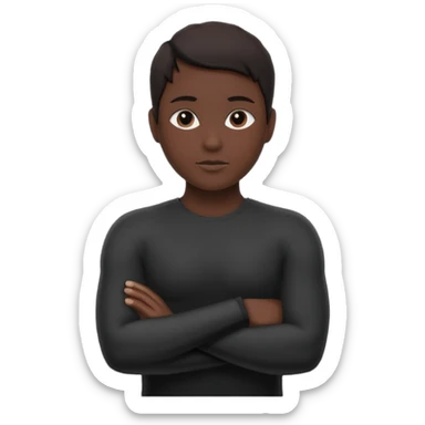 Minimalist human silhouette, upper body only, arms crossed, no facial features, solid dark shape, flat icon style, centered, transparent background sticker