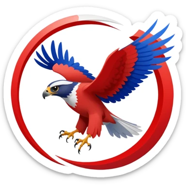 a realistic falcon in a downward spiral, wings tucked, sense of speed, falcon colored red, white, and blueish sticker