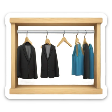 Design an emoji-style icon of an open wardrobe with clothes hanging inside. Include details like a wooden frame, hangers, and black clothing items such as shirts or any other clothing . Use a clean and minimalistic design. sticker