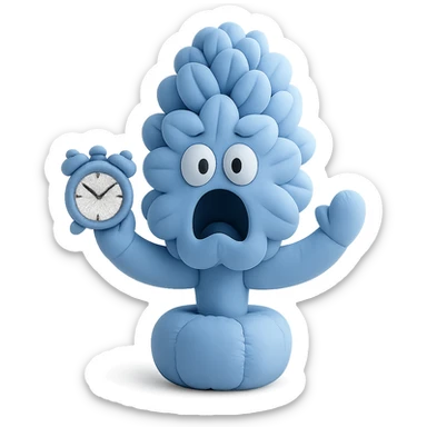 pastel blue hyacinth flower with alarmed eyes and a screaming mouth, waving a tiny alarm clock, fluffy and round, cushion style sticker