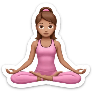 Generate a girl in a yoga pose. She is wearing a pink suit and has brown hair. sticker