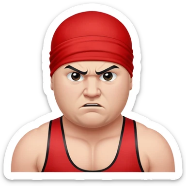 Close-up of white skin fat guy no muscle with prominent black durag, completely shaved face, no beard or mustache, black eyes in a red and black wrestling singlet with angry face sticker
