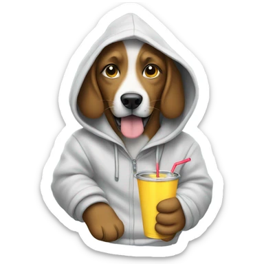 Dog wearing a hoodie with a drink in its hand sticker