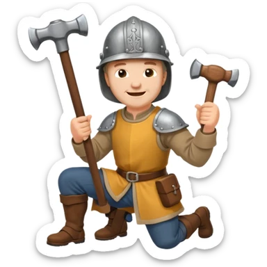 a happy medieval white man with a helmet kneeling and knocking with a hammer sticker