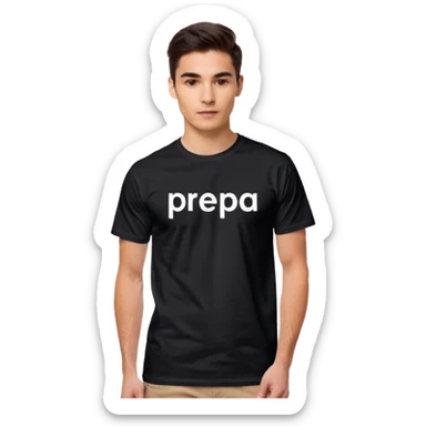 black short-sleeve T-shirt with the words “prepa udem” printed in small white text on the chest. The shirt has a simple, casual fit and a clean, minimalist look. sticker