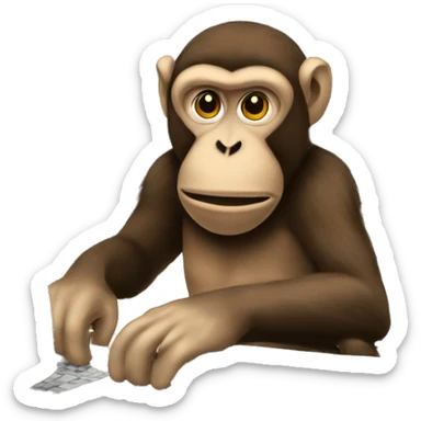 A monkey at a computer. There's a lot of money next to it. sticker