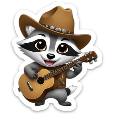 Raccoon with cowboy hat holding back tears and smiling and playing banjo sticker