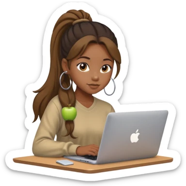 cute black girl with long hair in a ponytail, sitting at an Apple laptop, wearing soft aesthetic clothing sticker