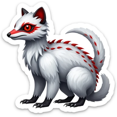 a white and silvery exotic edgy vernid-fionbr-Fakémon-creature, with black belly and red eyes, full body sticker