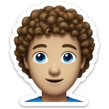 A brown curly-haired man with blue eyes and white skin sticker
