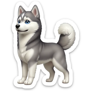 cinematic-[siberian husky]-realistic-full-body-standing-emoji,-tail-resting-loosely-beside-its-paws,-head-tilted-dramatically, -fluffy-[grey and white]-fur,-simplified-yet-realistic-focused-features,-highly-detailed,-glowing-with-an-almost-sarcastic-glow sticker