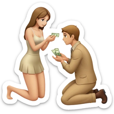 Man on knees facing woman handing her money sticker