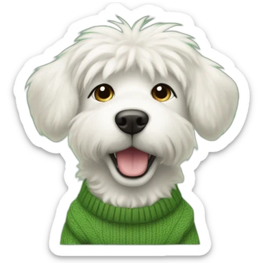 white fluffy dog with blonde ears wearing a green gap sweater sticker